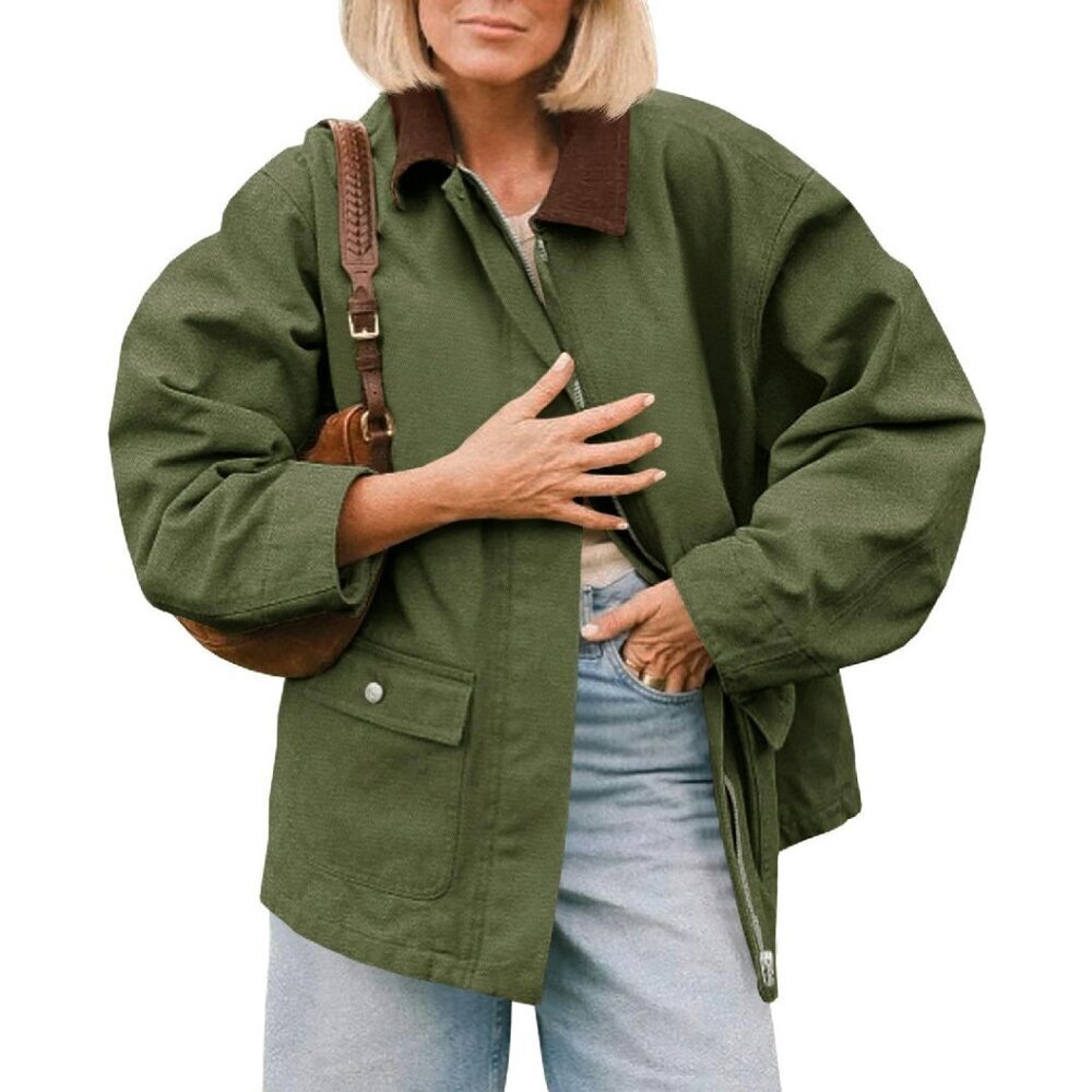 Oversized Utility Jacket with Corduroy Collar and Pockets